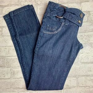 Aritmia Woman’s Slim Blue Jeans Hoop Buckle Button Close Rhinestones EUC